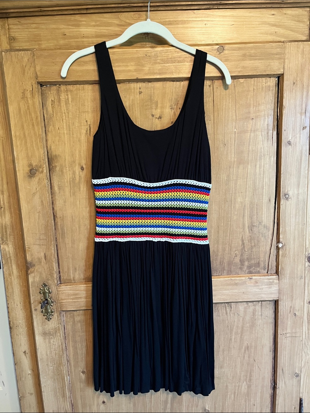 Anthropologie Black Mini Dress with Multicolor Crochet Waistband